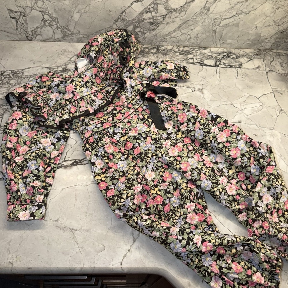 VTG Petit Ami Toddler Girls 4T Floral Romper Black Pink Ruffle 90s Cotton
